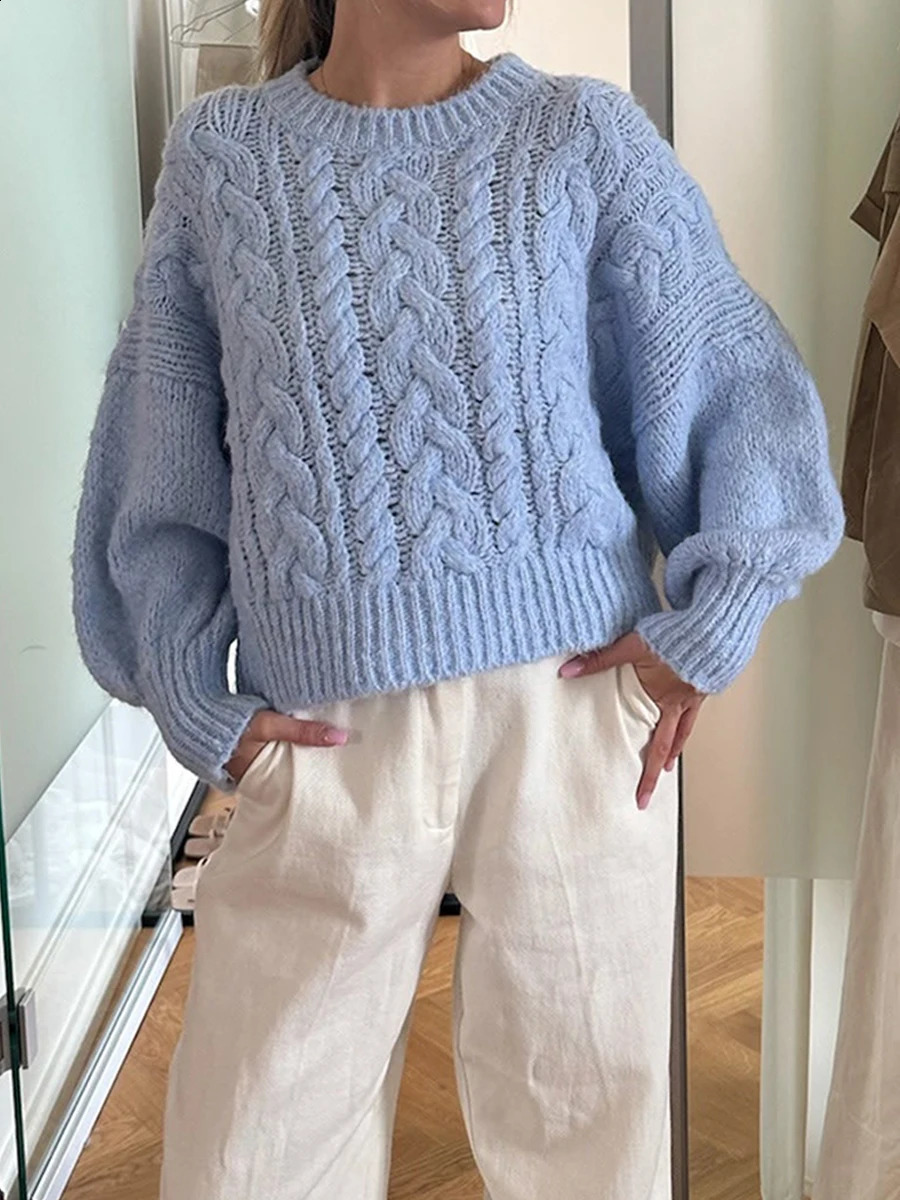 Womens Y2K Cable Knit Sweaters Chunky Long Sleeve Crewneck Cropped Pullover Sweater Tops Warm Jumper Tops Knitwear 250206