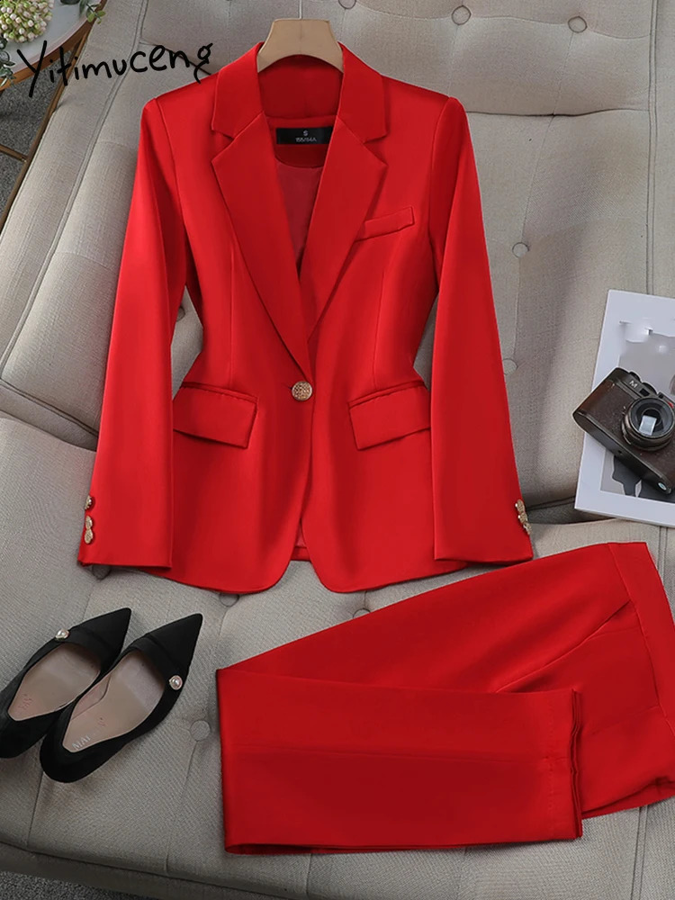 Yitimuceng Women Single Button Office Pants Suits Monochromatic Slim Fit Flip Collar Fashion 2 Piece Set 250206