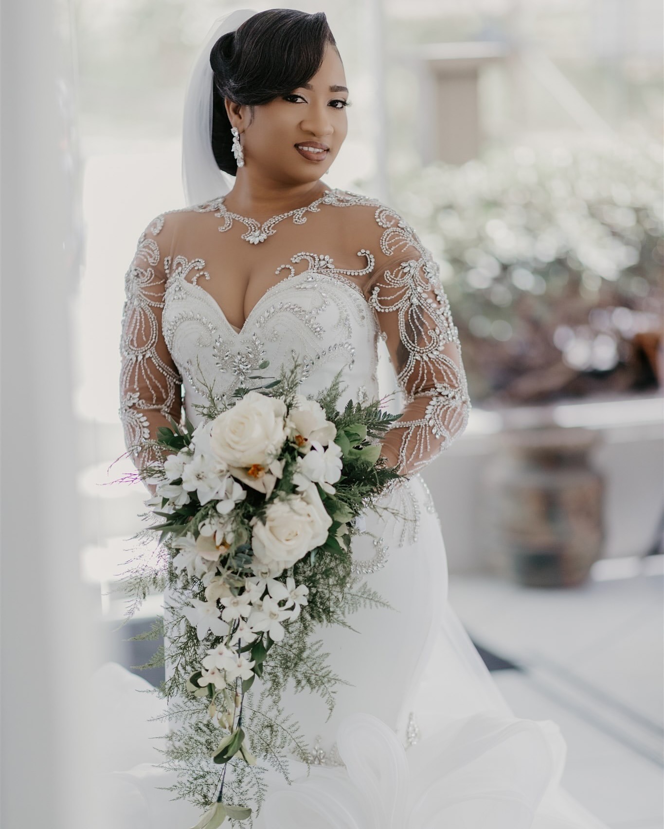 2025 Arabic Aso Ebi Plus Size Ivory Mermaid Wedding Dresses Beaded Crystals Organza Tiers Full Sleeves Bridal Gowns Dress For Bride ZJ077