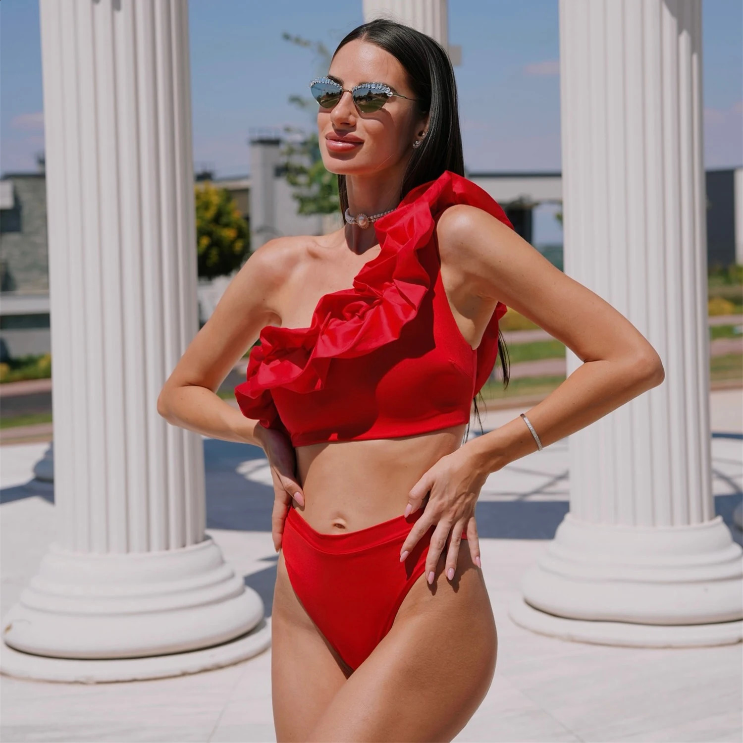 2025 One Shoulder Ruffle Swimsuit High Quality Sexy Bikinis Women Swimwear Print Brazilian Biquini High Waist Beachwear Swim 250121
