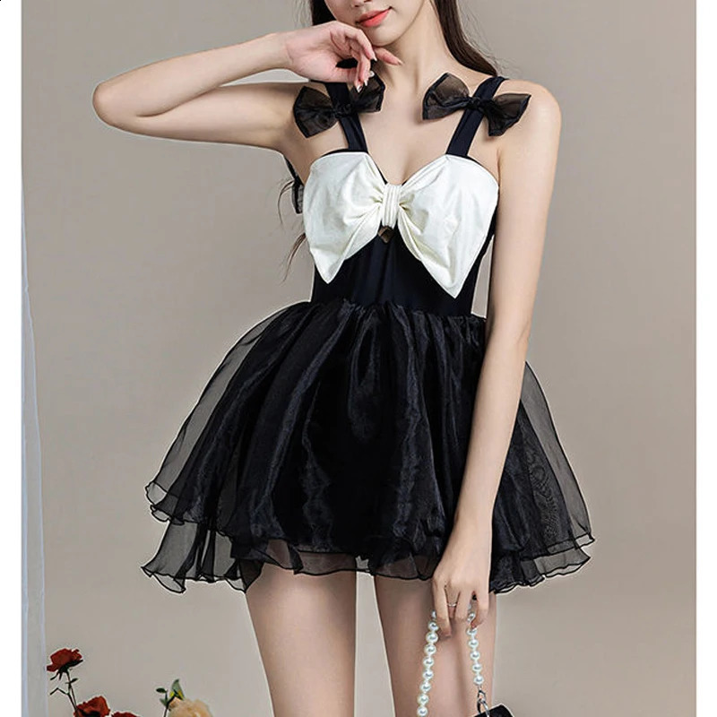 Women Japanese Style Bow Sweet Kawaii Patchwork One Piece Swimsuits Summer Sexy Sling Sleeveless Slim Mini Beach Dress Swimwear 250121