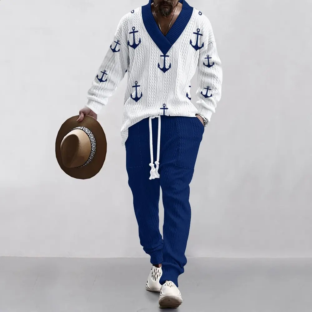 2024 autumn Mens Set Loose Casual Sports Suit High-quality Jacquard V-neck Long-sleeved trousers Two-piece Mens Clothing 250121