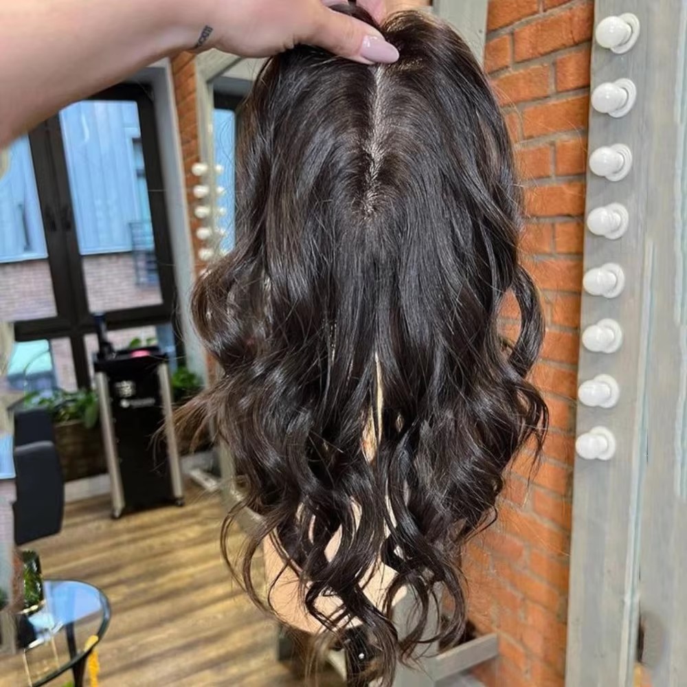 Dark Brown naturall black Wavy Human Hair Topper Silk Base Hand Made Human Hair Women Topper Natural Wavy Hair Pieces for Thinning Hair 15x16cm