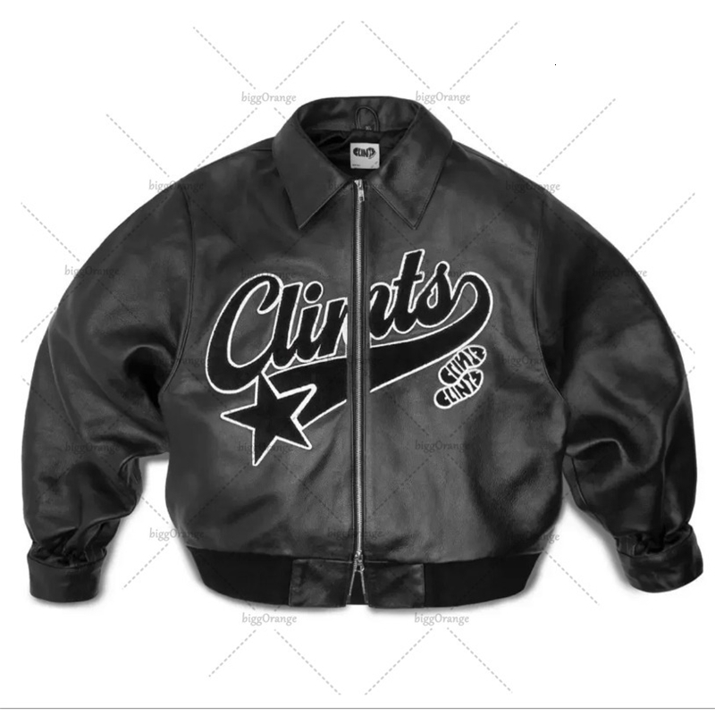 Hip-hop Trendy Streetwear American Retro Letter Embroidery Personalized Black Leather Jacket Men Punk Casual Loose Fashion Coat 250120