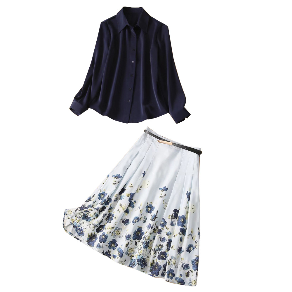 Duty Free 608M95 Women's Two Piece Dress Multicolored Noble Style Summer Collar Long Sleeved Shirt Top+Printed Skirt Set Floral