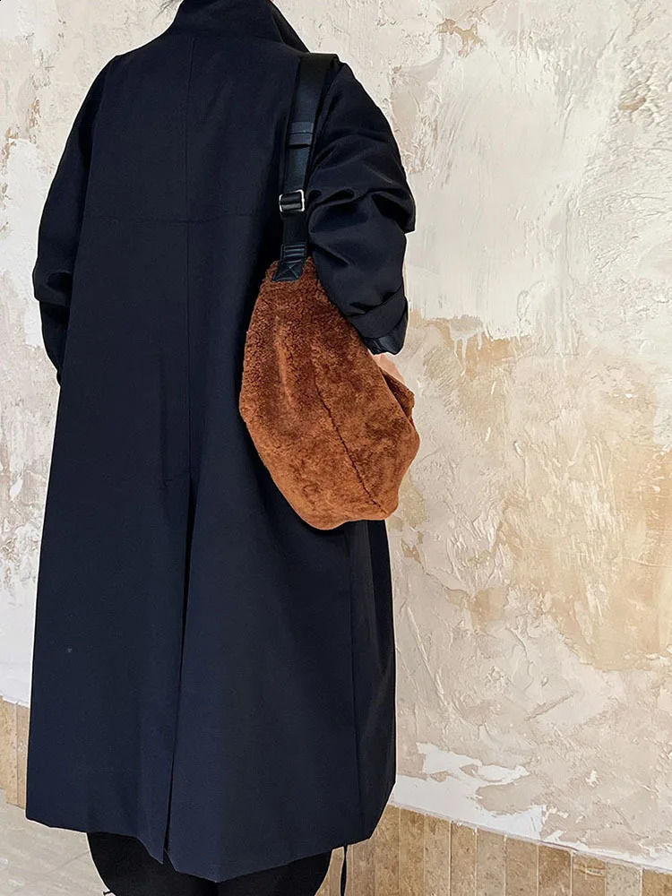 EAM Women Navy Blue Big Size Long Elegant Trench Stand Collar Long Sleeve Windbreaker Fashion Spring Autumn 1DH6843 250118