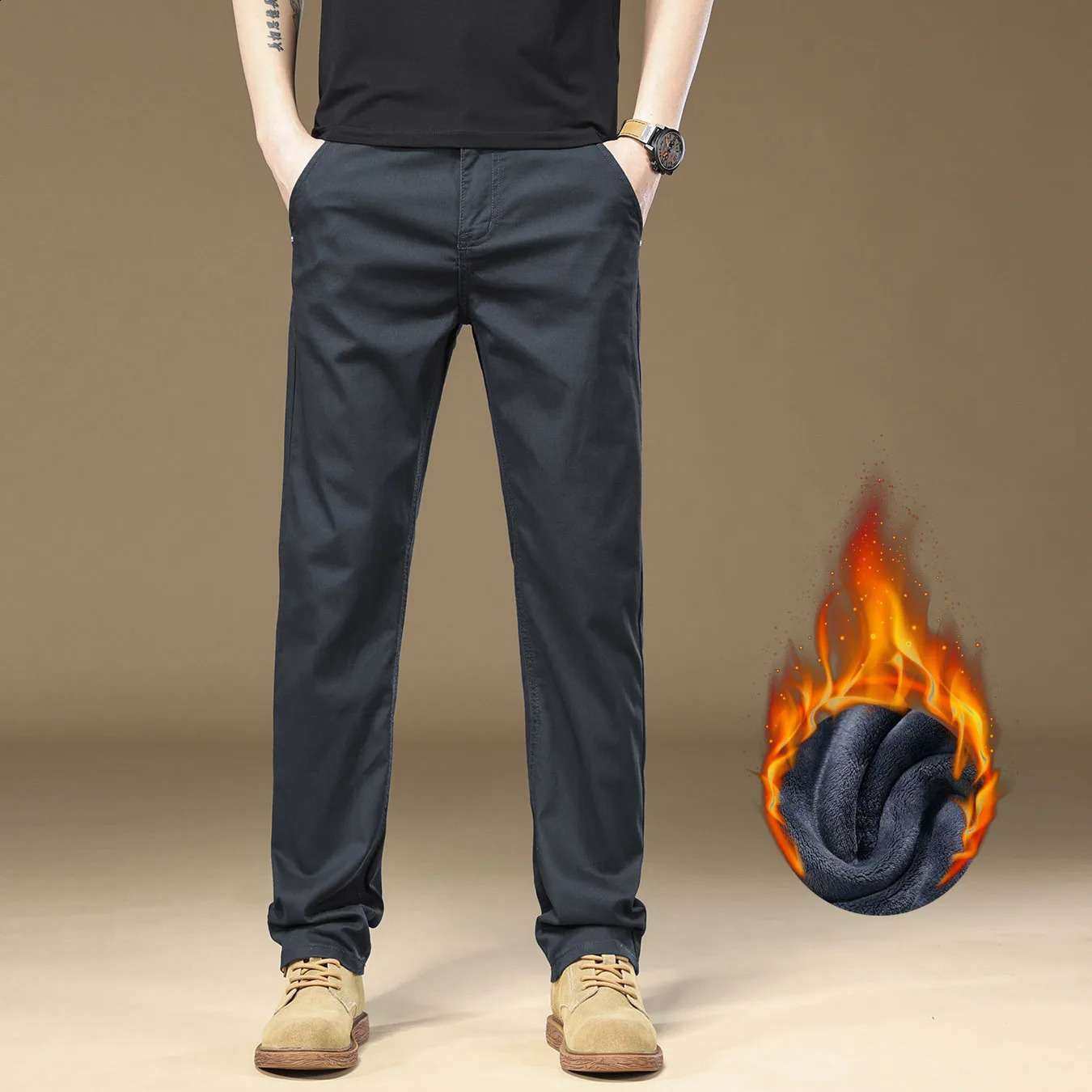 3 Colors Mens Fleece Casual Pants 97% Cotton Warm Velvet Elasticity Business Trousers Straight Fashion Korean Thicken 250110