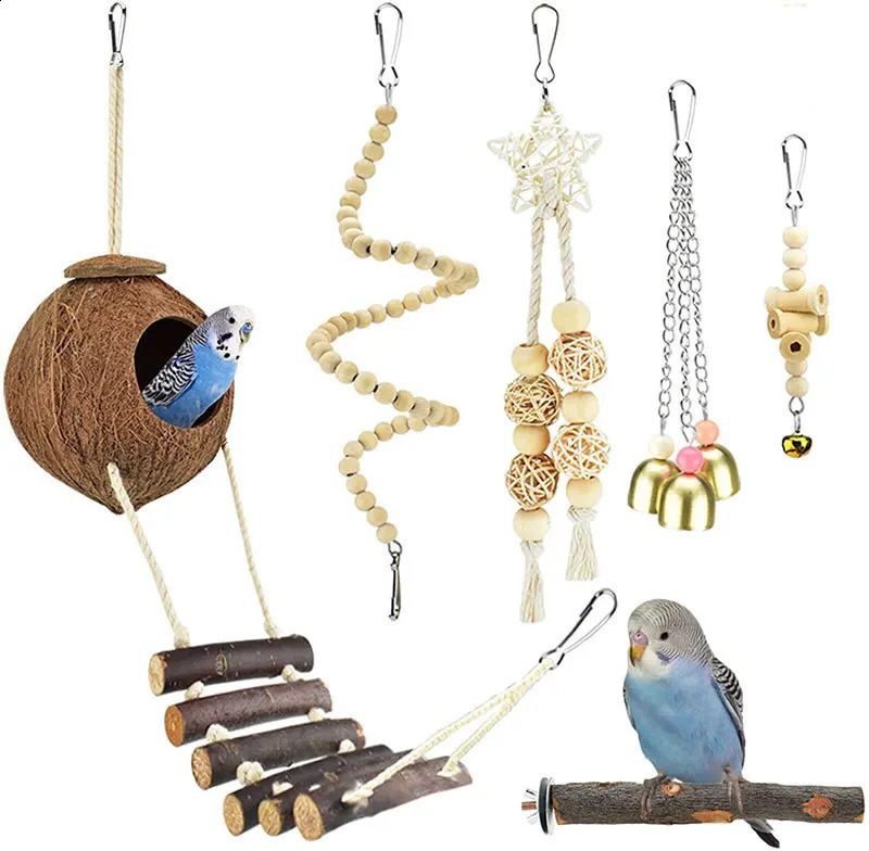 Bird Toy Set Coconut Bird Nest Vine Ball Station Bird Supplies Kits Parrot Bite Toys 6-piece Set 250121