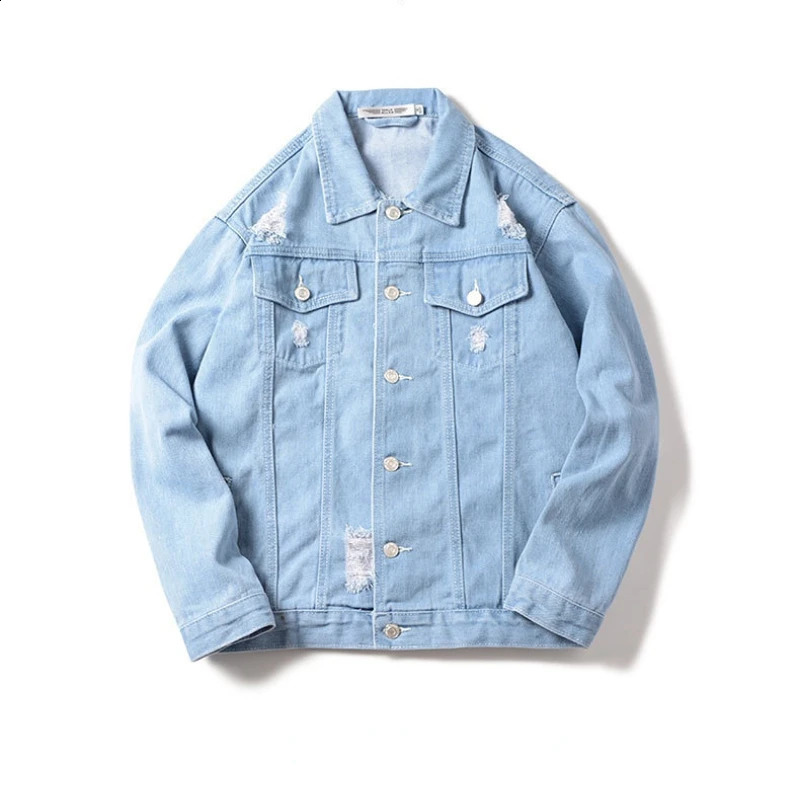 Spring and Autumn Mens Casual Loose Work Coat Trendy Hole Denim Jacket 250206