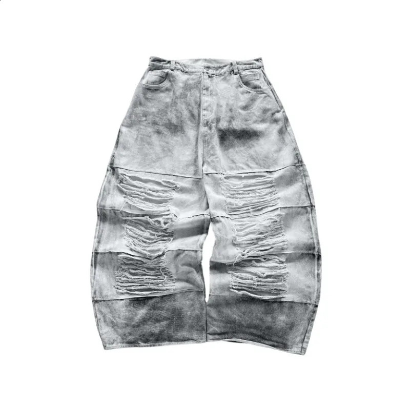Y2K Punk Destroyed Jeans Stacked Seams Dirty Effect Men Women Streetwear Vintage Hip Hop Heavyweight Super Loose Mopping Pants 250206