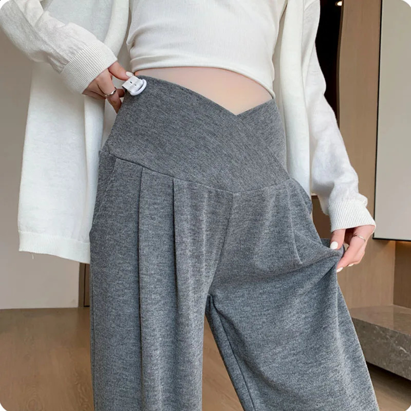 Autumn Maternity Long Pants Drawstring Across Belly Elastic Waist Clothes for Pregnant Women Casual Pregnancy Wide Leg 250206