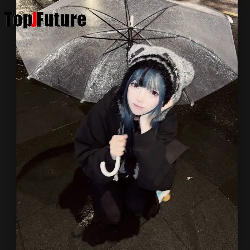 Womens Harajuku Steampunk Y2K Gothic Japanese Soft GirlBear Hat Cute Cross zipperChain decorationStar Hairline Hat 250120