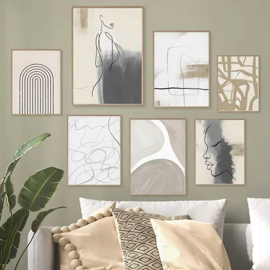Surresm Abstract Lines Curve Woman Wall Art Canvas Painting Boho Geometry Posters And Prints Wall Pictures Living Room DecorC250102