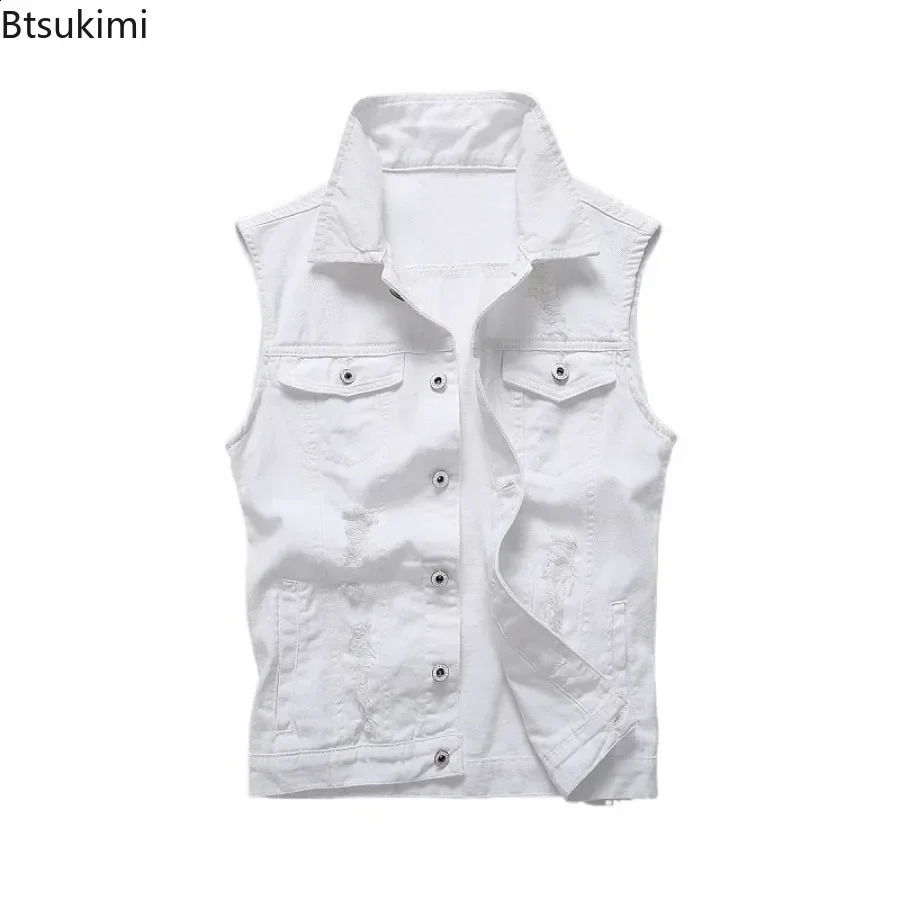 2025 Mens White Denim Vest Vintage Sleeveless Casual Pure Cotton Vest Jackets Washed Jeans Waistcoats Male Trend Streetwear 250206