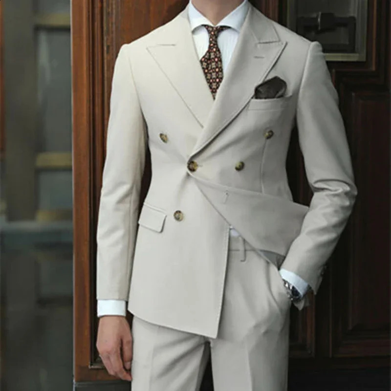2 Piece 2024 Mens Suits Double Breasted Beige Suit For Man Lapel Blazer Jacket Pants Formal costume homme Handsome 250121