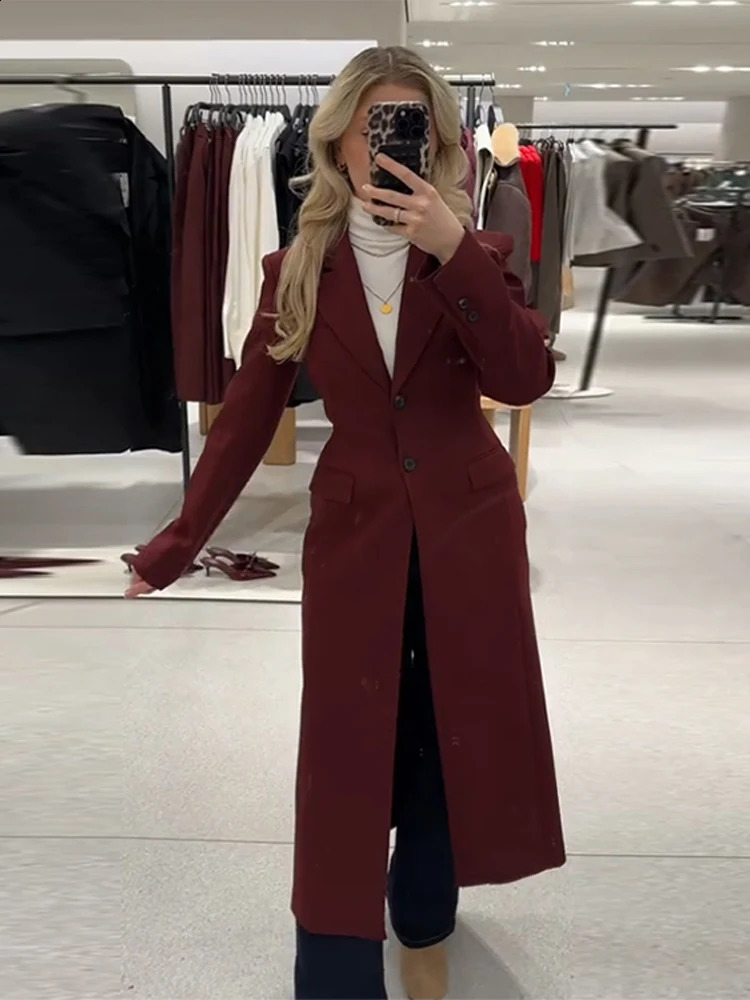 Fashion OL Notched Long Blazer Coats Women 2025 Spring In Single Breasted Full Sleeve Suit Jacket Female Chic Street Outwear 250206