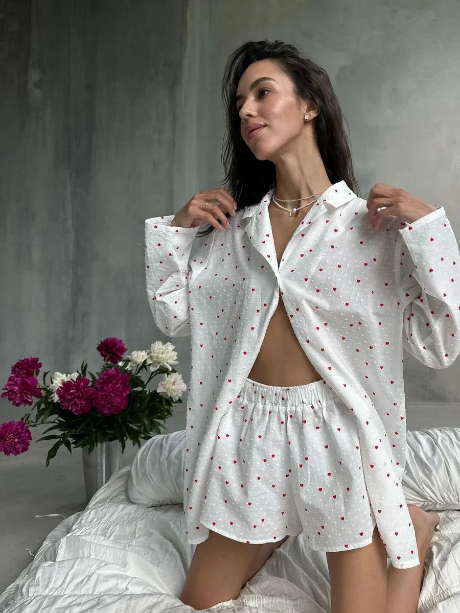 Muzuleva Summer Love Print Womens Suits Elegant Long Sleeved Shirt Shorts 2 Pieces Set Elastic Waist Wide Shorts Casual Outfit 250121