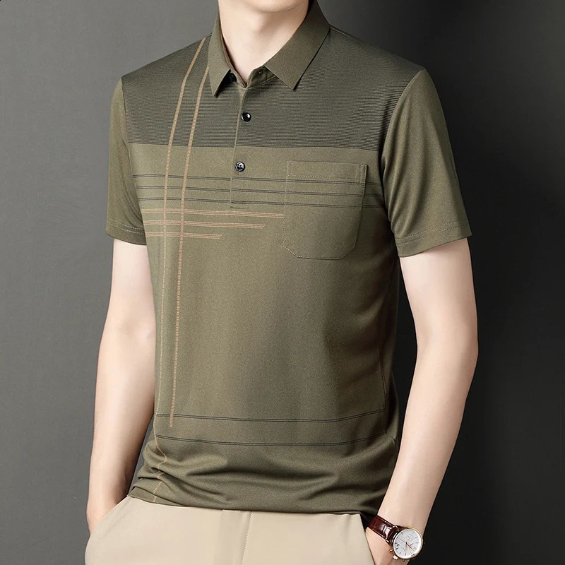 Summer Mens Color Blocking Polo Shirt Pocket Button Up Tshirt Casual Slim Fit Comfortable Short Sleeved Breathable Top 250113Z