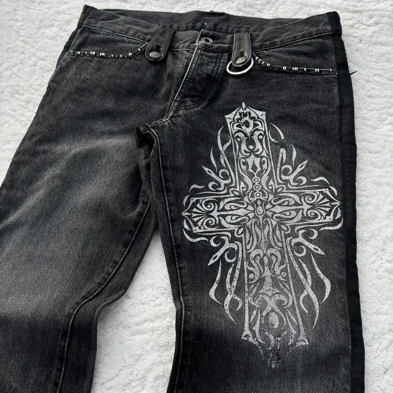 Y2K baggy Jeans Black Vintage Cross Leather Detail Punk Flared Jeans Gothic Streetwear Harajuku men women Casual wide leg jeans 250206