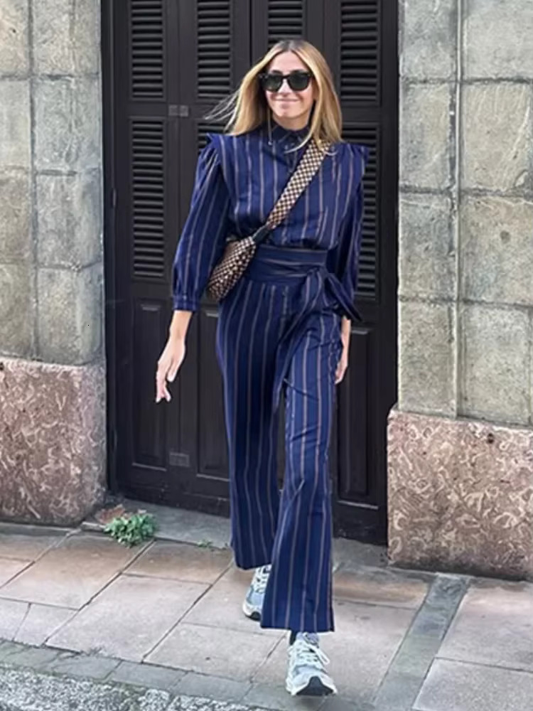 Spring Striped Slim High Waist Pants Sets Women Print Lace Up O-Neck Full Sleeve Shirt Top Suit 2025 Lady Streetwear Outfits