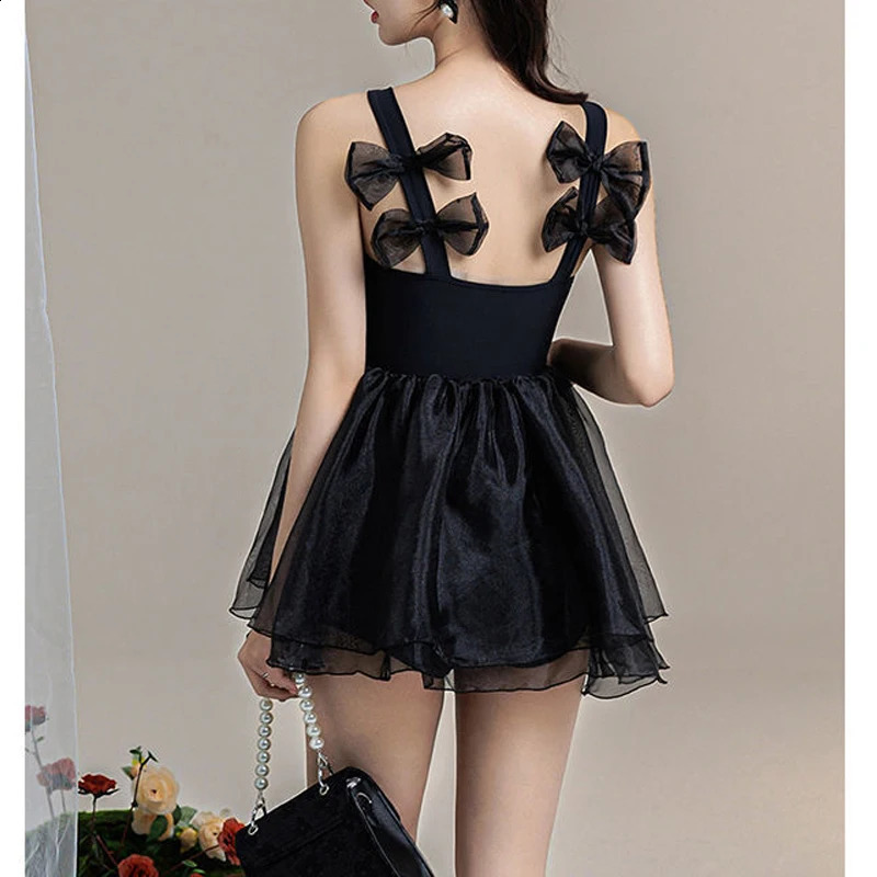 Women Japanese Style Bow Sweet Kawaii Patchwork One Piece Swimsuits Summer Sexy Sling Sleeveless Slim Mini Beach Dress Swimwear 250121