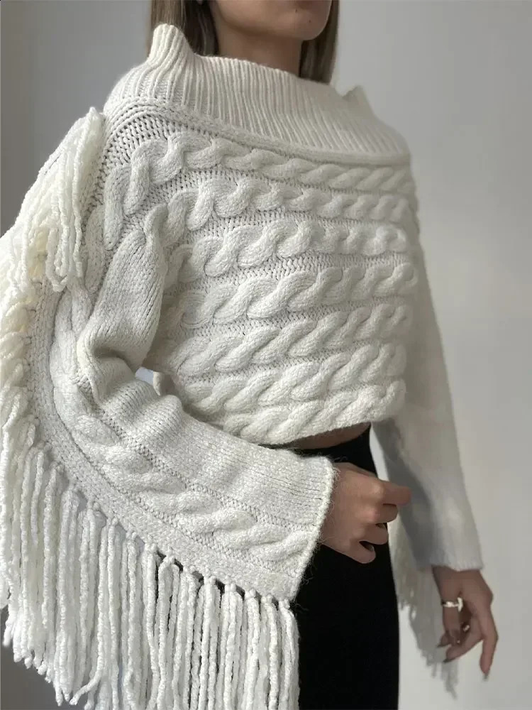 Elegant Off Shoulder Womens Spliced Tassels Sweater Sexy Slash Neck Long Sleeves Pullover Jumper 2024 Autumn Lady Chic Knitwear 250121