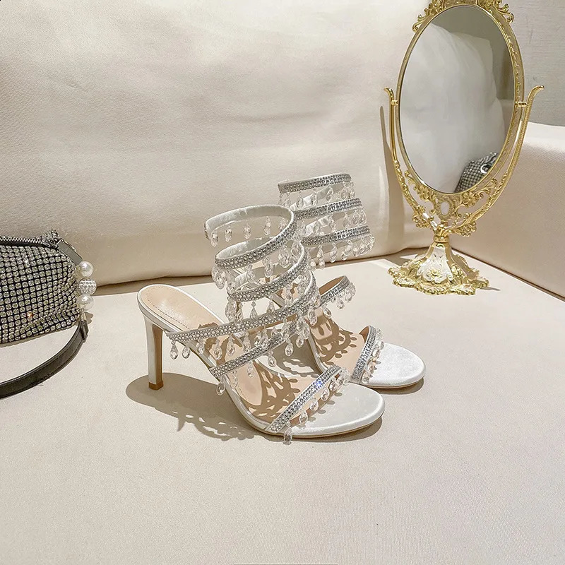 Crystal hot Wrap Sandal Summer 2024 Wedding Shoes High Heel Party Ankle Strappy Sandals Stiletto 250118