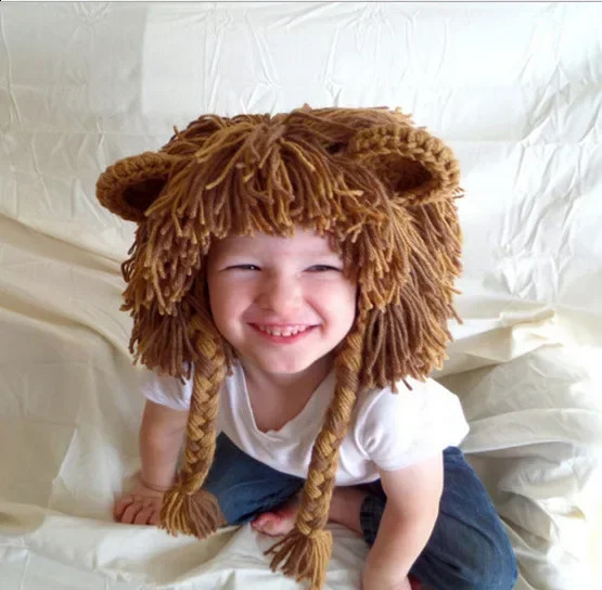 Funny Lion Children Baby Hat Hair Wig Cap Winter Warm Woolen Yarn Knitted Crochet Kids Hats and Caps Dress Up Pography Props 250206