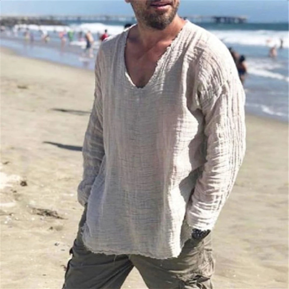 T-Shirt Mens Shirt Blouse Top Classic Daily Linen Blend Long Sleeve Male Muscle Office Outdoor Solid Tee V-Neck 250116