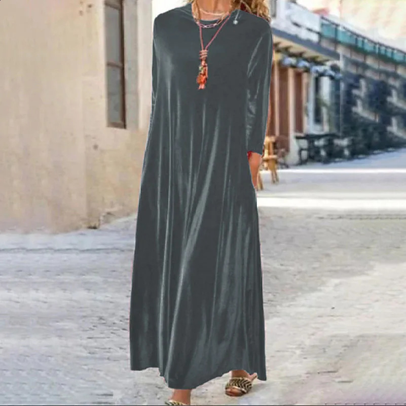Spring Golden Velvet European and American Slim Style Round Neck Long Dress 250122
