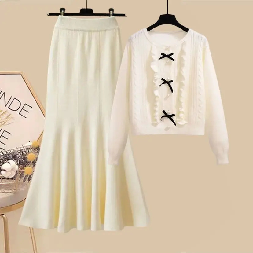 Spring and Autumn Set Womens Korean Style Slim Knitted Sweater Fish Tail Half Skirt Two Piece Fashion 250120