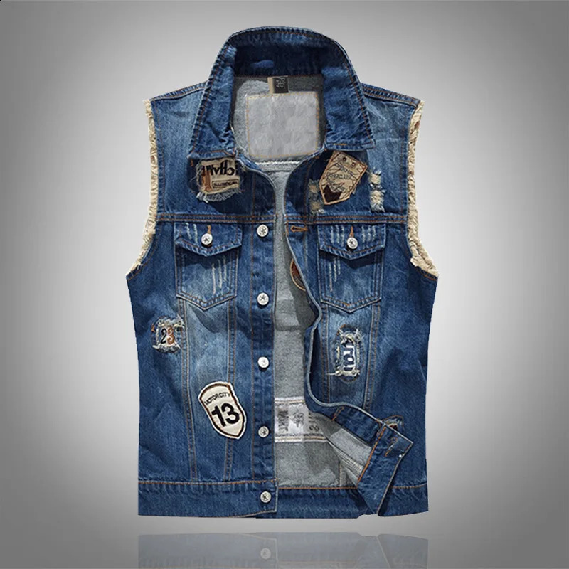 Men Ripped Denim Waistcoats Vests Jackets Light Blue Holes Denim Coats Vests Fashion Male Cotton Slim Jeans Waistcoats 5XL 250206