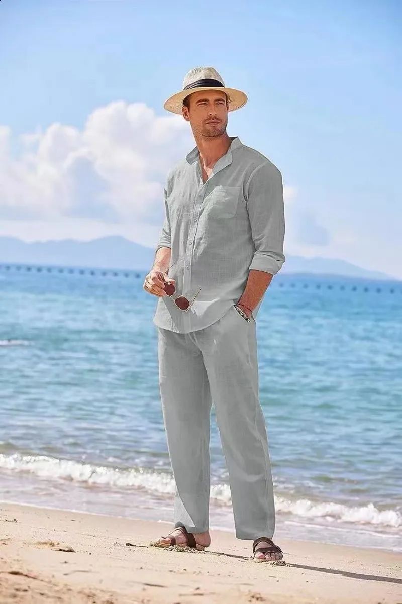 Mens Beach Casual Sky Blue White Black Sports Suit Linen Loose Long-sleeved Shirts Trousers Workwear Two-piece Male Outfit Sets 250121