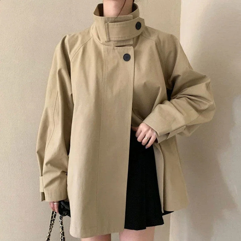 2025 Womens Trench Jacket Korean Vintage Niche Stand Collar Two-button Loose Casual Long Sleeve Trench Jacket Female 250118