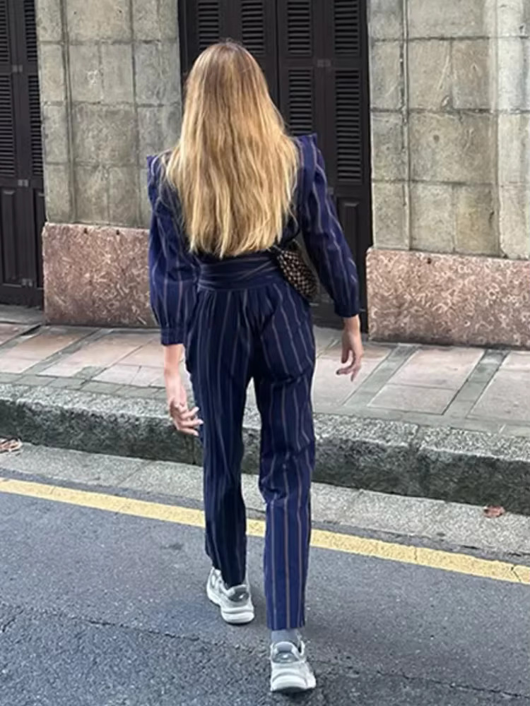 Spring Striped Slim High Waist Pants Sets Women Print Lace Up O-Neck Full Sleeve Shirt Top Suit 2025 Lady Streetwear Outfits