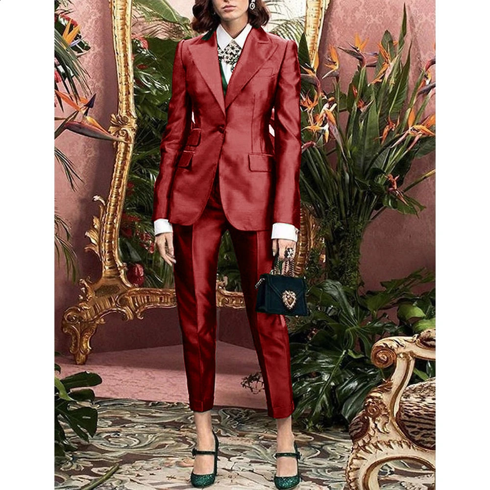 Satin Womens Suit Set Ladies 2 Pieces Pants and Top Evening Party Slim Fit Peaked Lapel Jacket Blazer Combi-pants 250206