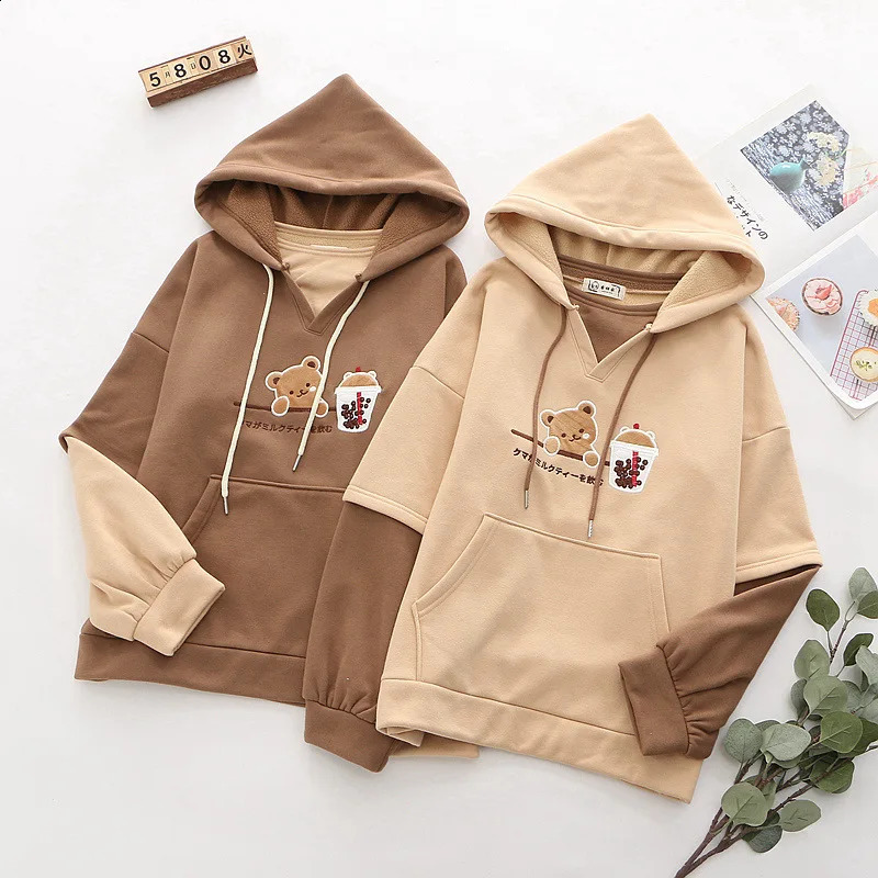Winter Clothing Korean Edition Casual Versatile College Style Embroidered Milk Tea Bear Hoodie with Velvet Top 250206