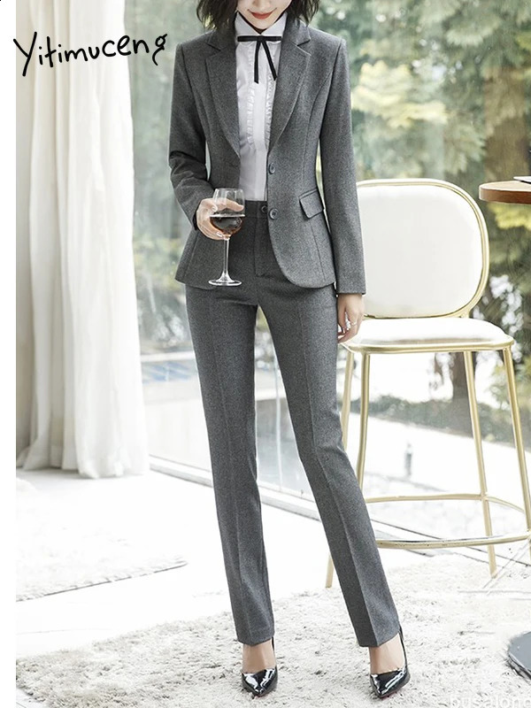 Yitimuceng Office Ladies Pants Suits for Women Long Sleeve Single Breasted Slim Formal Blazer Suits Pants 2 Piece Set 250206