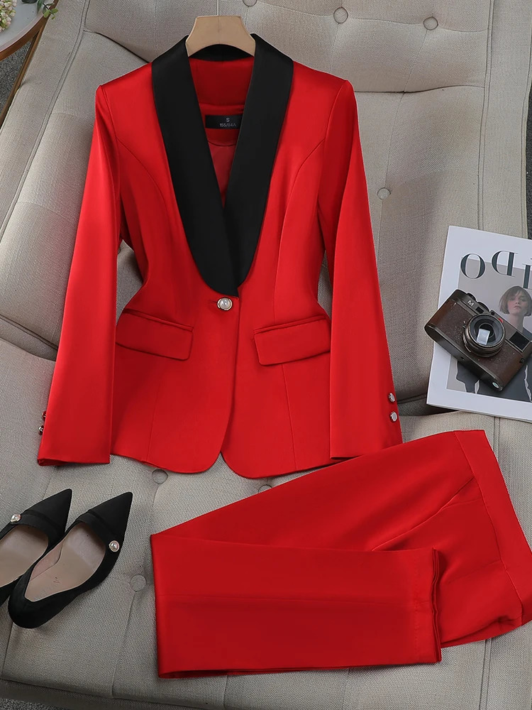 Office Ladies Pant Suit Women Yellow Red Purple Apricot Female Business Work Wear Jacket Blazer and Trouser Formal 2 Piece Set 250206