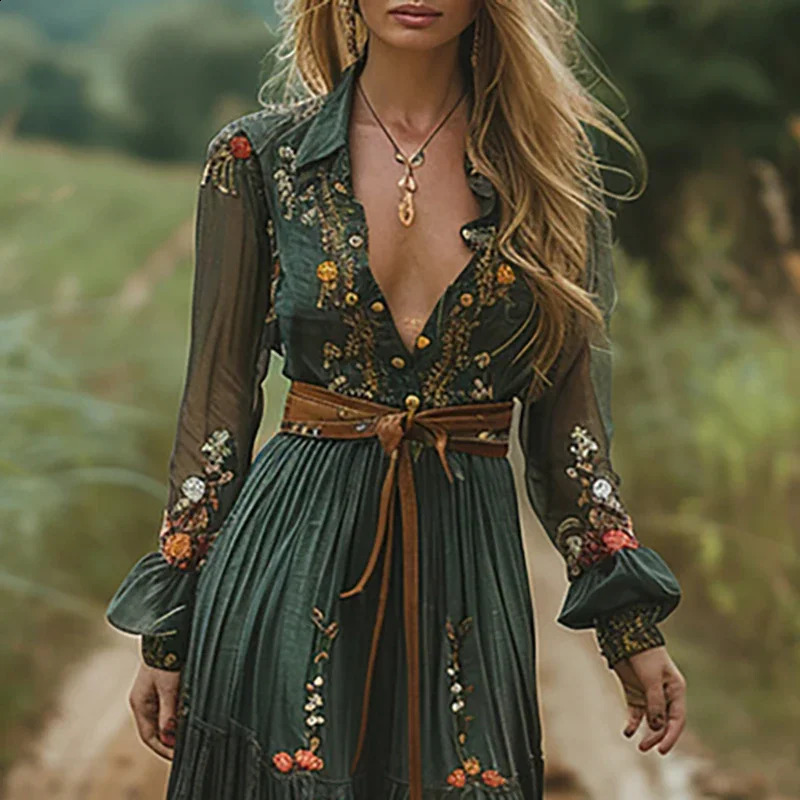 Ethnic Retro Floral Print Pleated Long Dress Spring Sexy Shirt Collar Buttons Women Party Dress Fall Long Sleeve Bohe Maxi Dress 250206