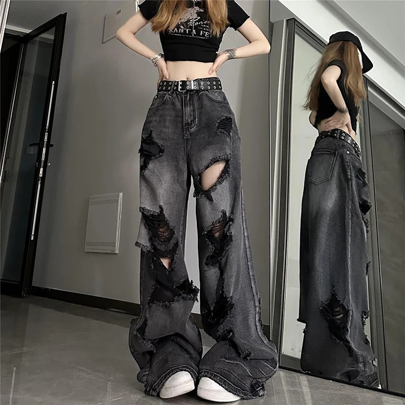 American Y2K Vintage Ripped Women Denim Pants Summer High Street Casual Jeans Ladies Wide Leg All Match Female Trousers 250121