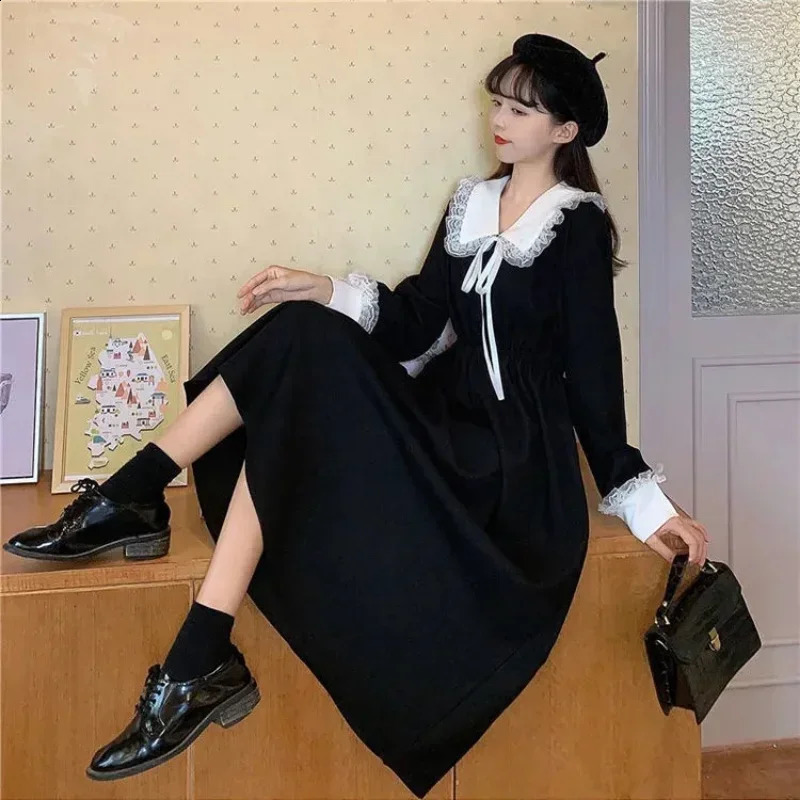 Vintage Shirt Dress Women Autumn Spring Long Sleeve Robe Kawaii Lolita Elegant Midi Dresses Korean Fashion Vestido 250206
