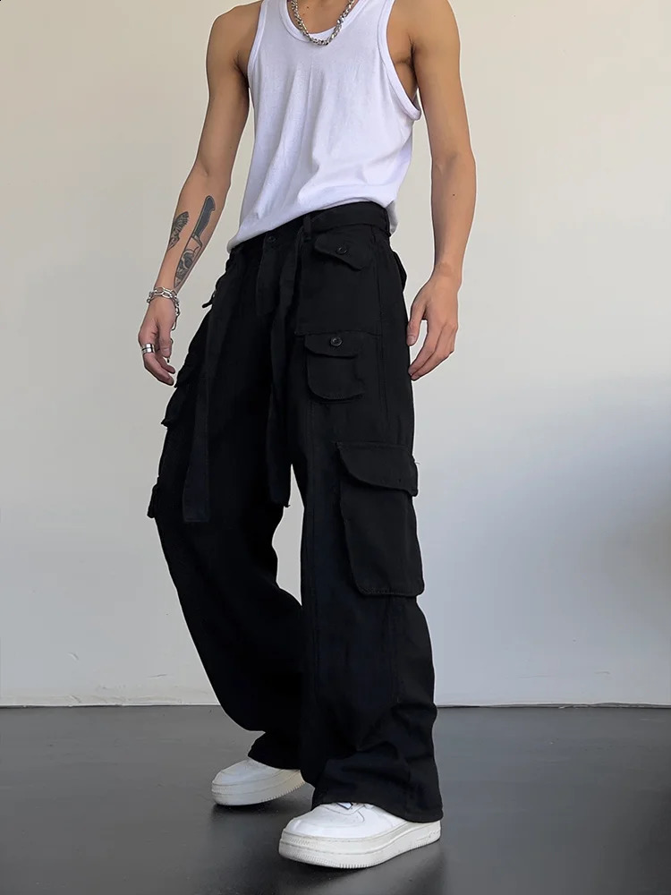 High street retro casual large pocket overalls mens and womens summer high waist loose straight tube draped wide leg pants 250206