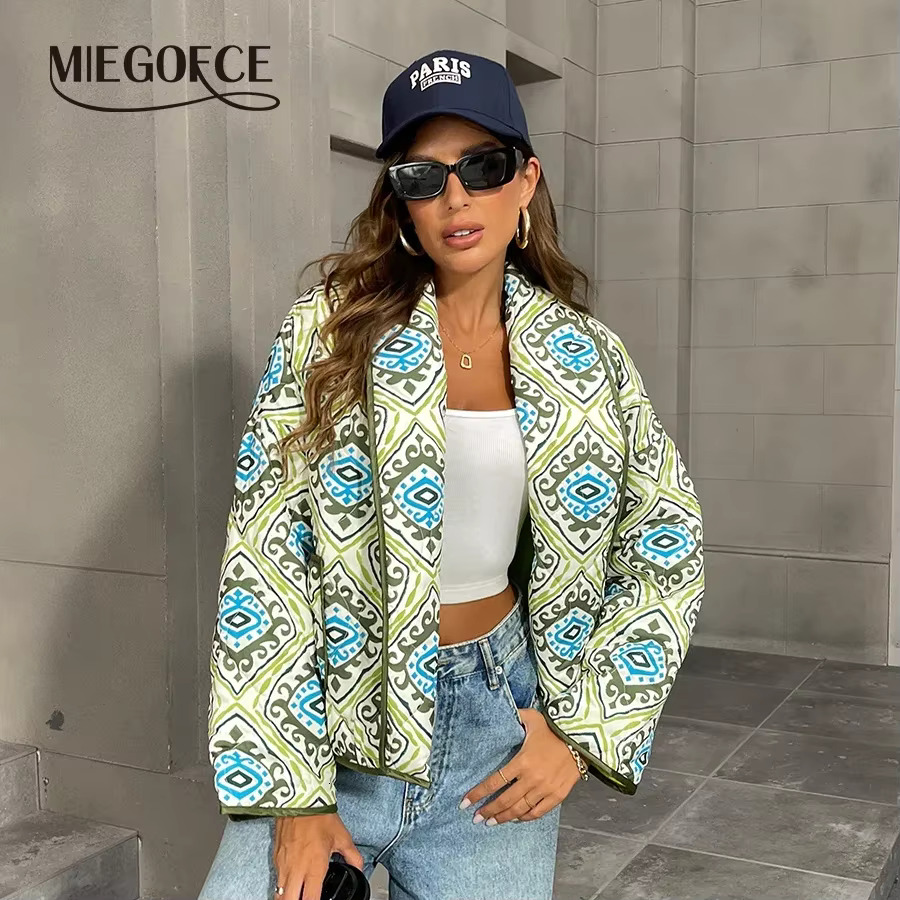 MIEGOFCE Spring Double-Pocketed Outerwear Ral Printed Thickened Quilted Pocket Retro Print Lapel Jacket Women Coat Jj-1696