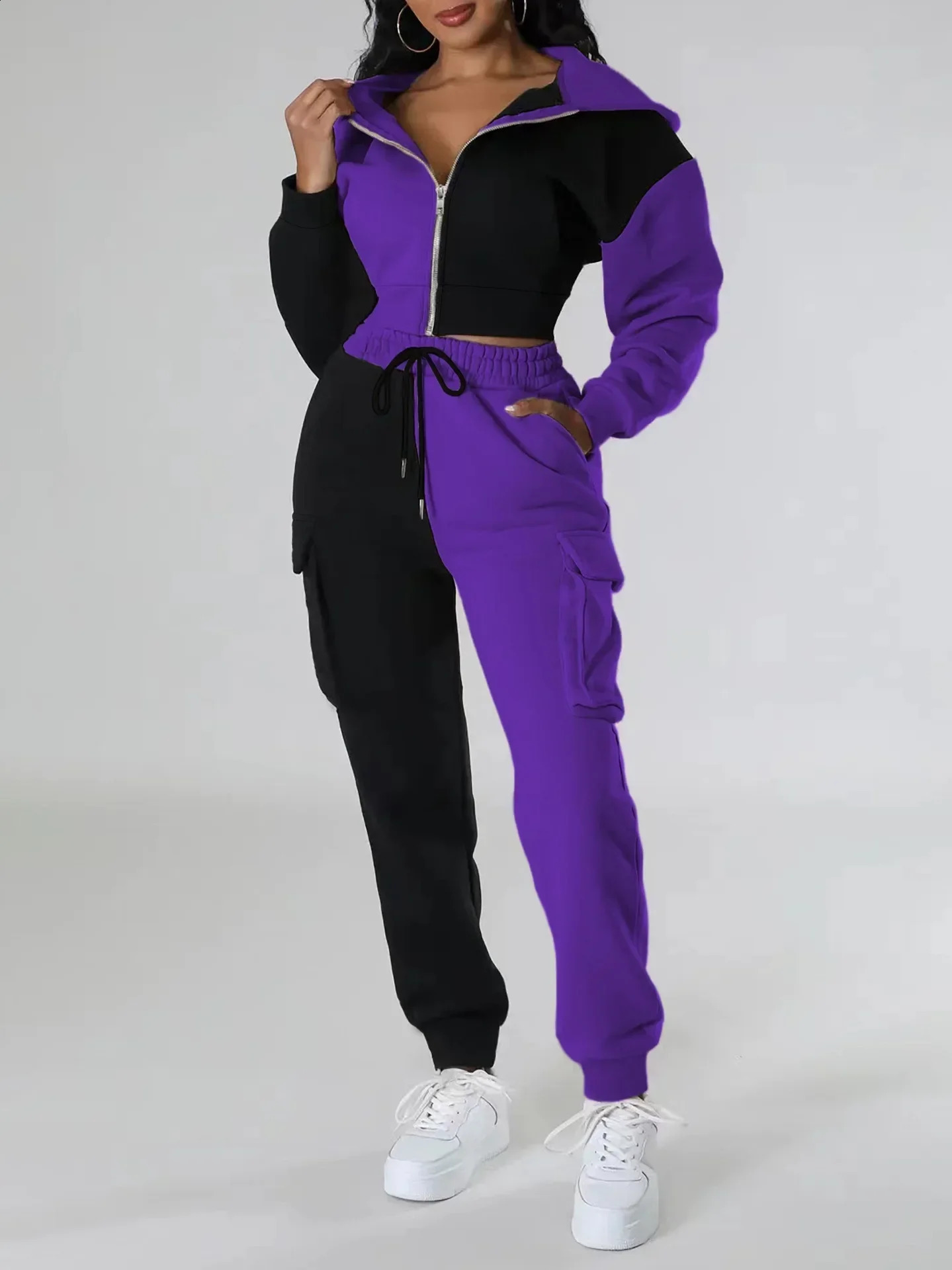 Women Loose Autumn Winter Two Pieces Suit Matching Sets Hoodie Tracksuit Blocked Zipper Short Outerwear Drawstring Cargo Pants 250121