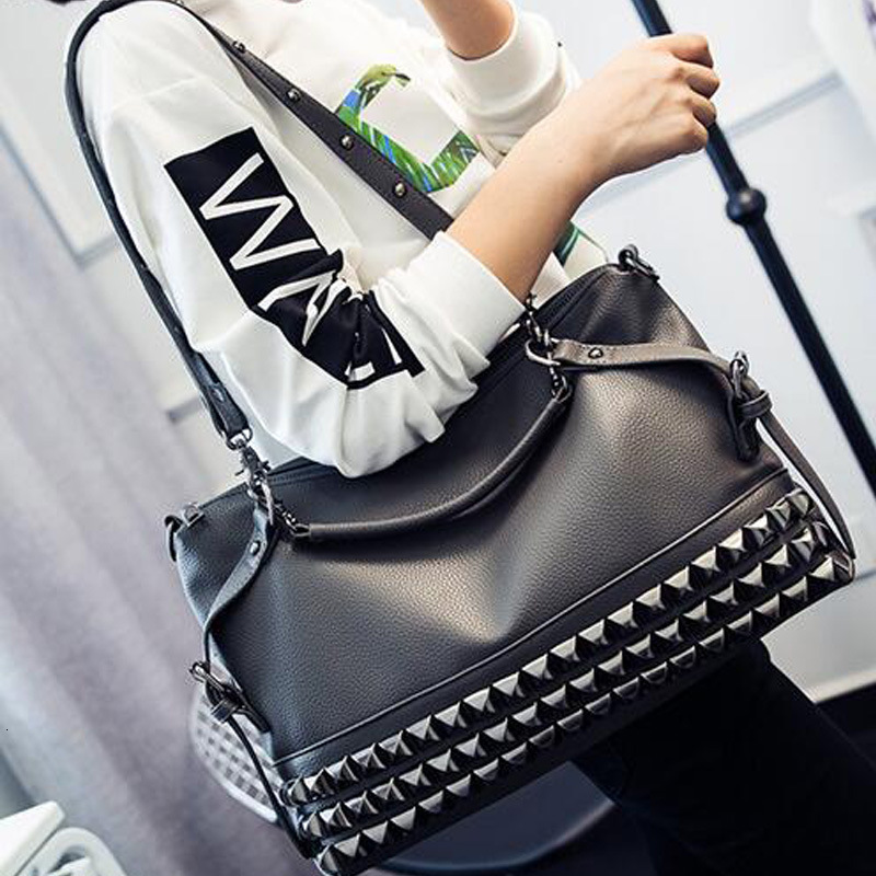 Bag Bags Large Capacity Litchi Pattern Women's Fashion Rivet Single Shoulder Diagonal Straddle Handheld Punk Bag