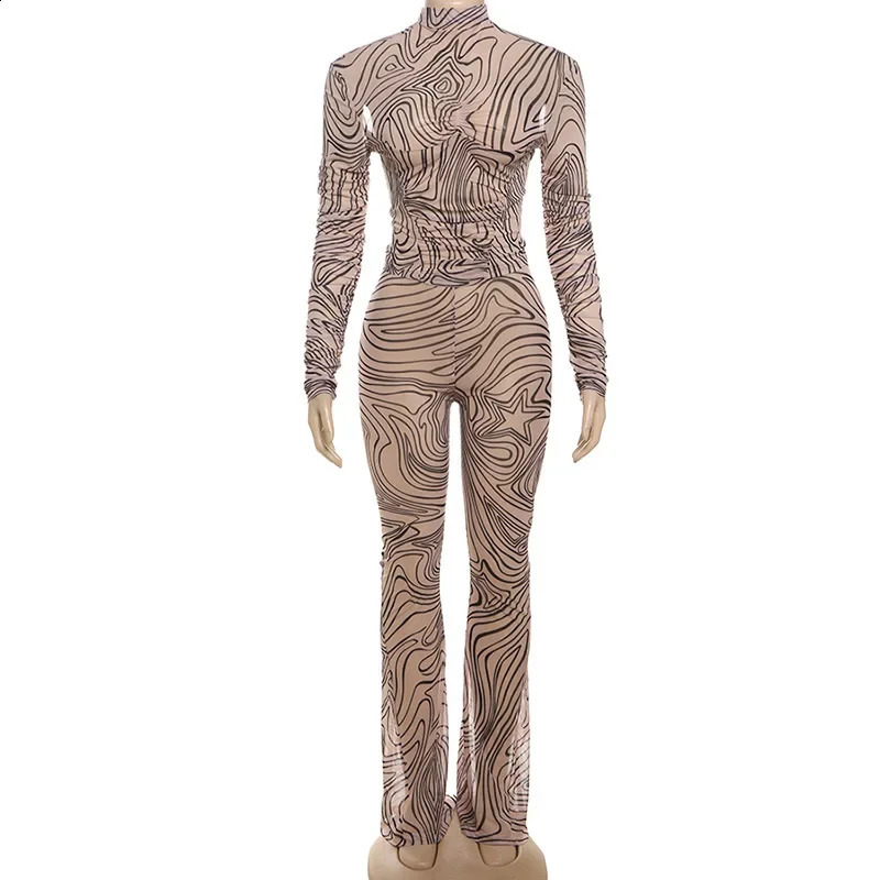 Zebra Striped Print Mesh 2 Piece Set 2024 Autumn Women Turtleneck Full Sleeve T-shirts Top Flare Pants See Through Match Suits 250121