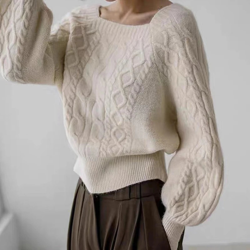 EVNISI Autumn Winter Women Square Collar Ribbed Sweater Thicken Warm Office Jumpers Women Lantern Sleeve Knit Casual Sweater 250206
