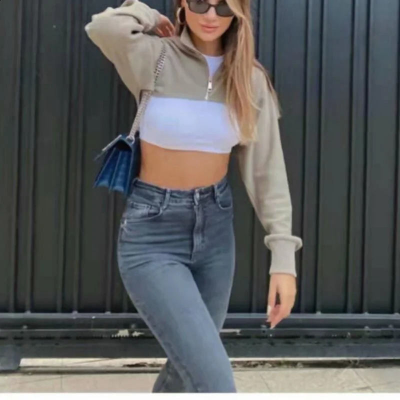 Korean fashion sweatshirts sexy long sleeve top cropped zip up hoodie women vintage sweatshirt cute crop hoodie women streetwear 250206