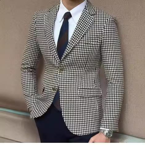 Qianniao plaid mens one-piece suit jacket with 2 side slits slim fit casual mens fashionable jacket 240824